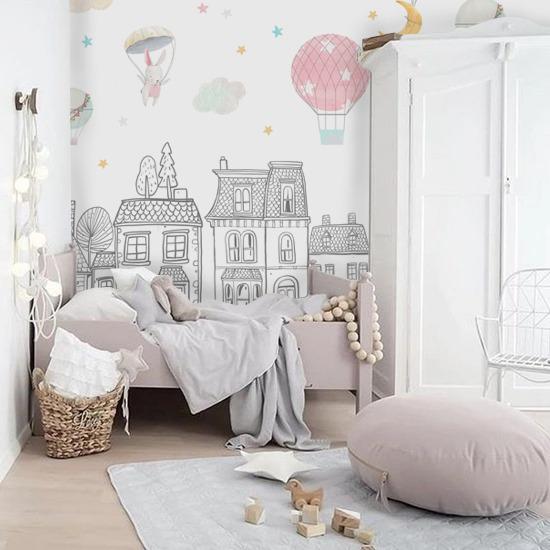 Balon ve Şehir Çocuk Odası Duvar Kağıdı |  Gece Kids Room| Çocuk Odası Dekorasyonu