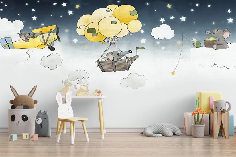 Uçan Filler Çocuk Odası Duvar Kağıdı |  Gece Kids Room| Çocuk Odası Dekorasyonu