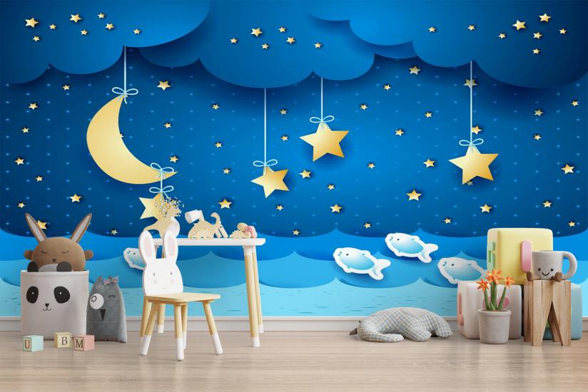 Yıdldızlar ve Ay Çocuk Odası Duvar Kağıdı |  Gece Kids Room| Çocuk Odası Dekorasyonu