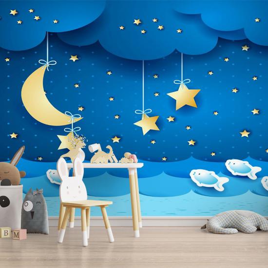 Yıdldızlar ve Ay Çocuk Odası Duvar Kağıdı |  Gece Kids Room| Çocuk Odası Dekorasyonu