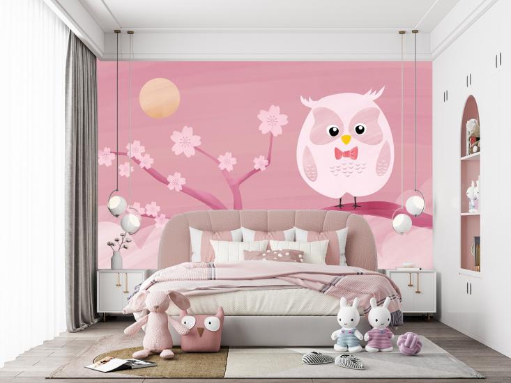 Pembe Baykuş Çocuk Odası Duvar Kağıdı |  Gece Kids Room| Çocuk Odası Dekorasyonu