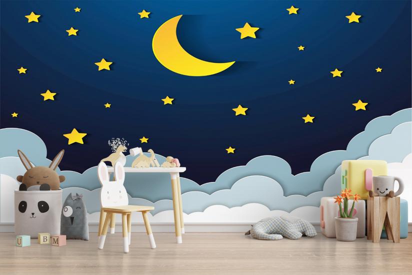 Yıldızlar ve Ay Çocuk Odası Duvar Kağıdı |  Gece Kids Room| Çocuk Odası Dekorasyonu