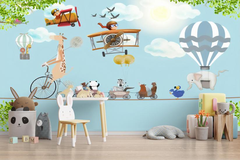 İp Üstünde Sevimli Hayvanlar Çocuk Odası Duvar Kağıdı |  Gece Kids Room| Çocuk Odası Dekorasyonu