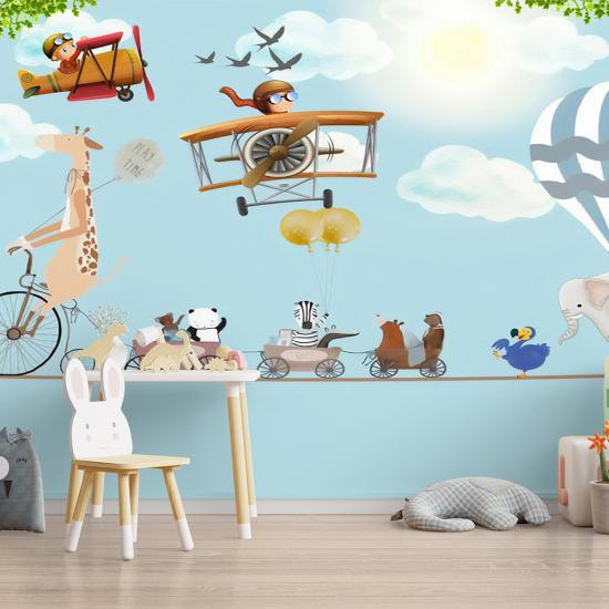 İp Üstünde Sevimli Hayvanlar Çocuk Odası Duvar Kağıdı |  Gece Kids Room| Çocuk Odası Dekorasyonu