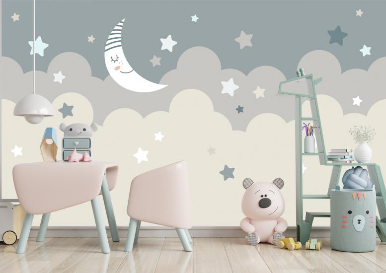 Ay  ve Yıldızlar Çocuk Odası Duvar Kağıdı |  Gece Kids Room| Çocuk Odası Dekorasyonu