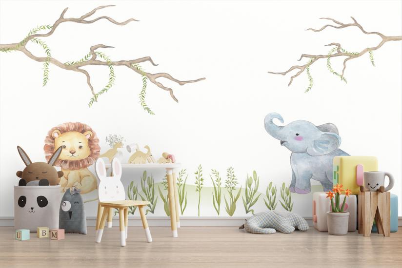 Aslan ve Fil Çocuk Odası Duvar Kağıdı |  Gece Kids Room| Çocuk Odası Dekorasyonu