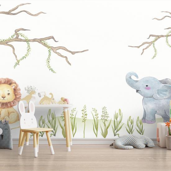 Aslan ve Fil Çocuk Odası Duvar Kağıdı |  Gece Kids Room| Çocuk Odası Dekorasyonu