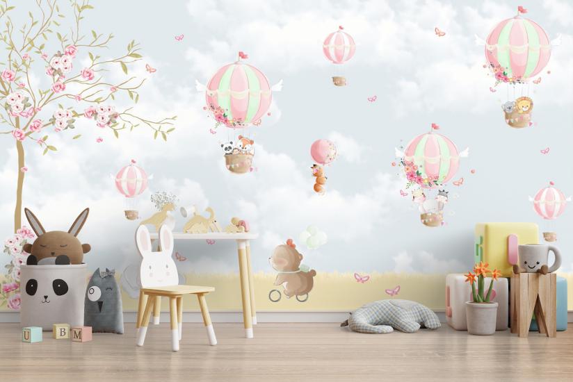 Pembe Balonlar ve Hayvanlar Çocuk Odası Duvar Kağıdı |  Gece Kids Room| Çocuk Odası Dekorasyonu