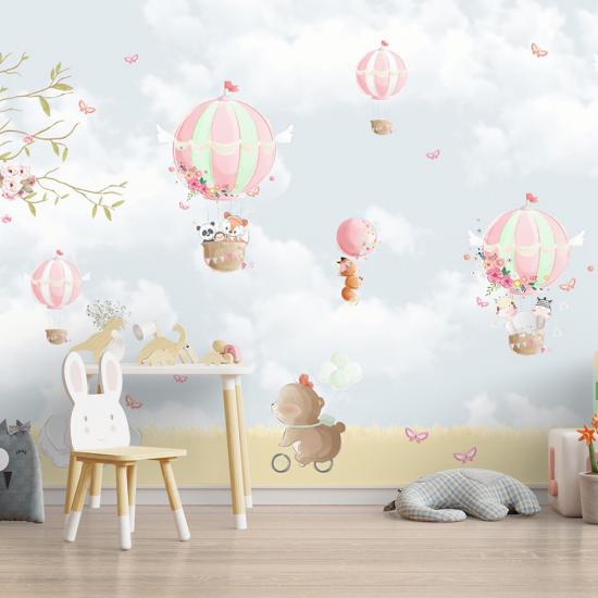 Pembe Balonlar ve Hayvanlar Çocuk Odası Duvar Kağıdı |  Gece Kids Room| Çocuk Odası Dekorasyonu