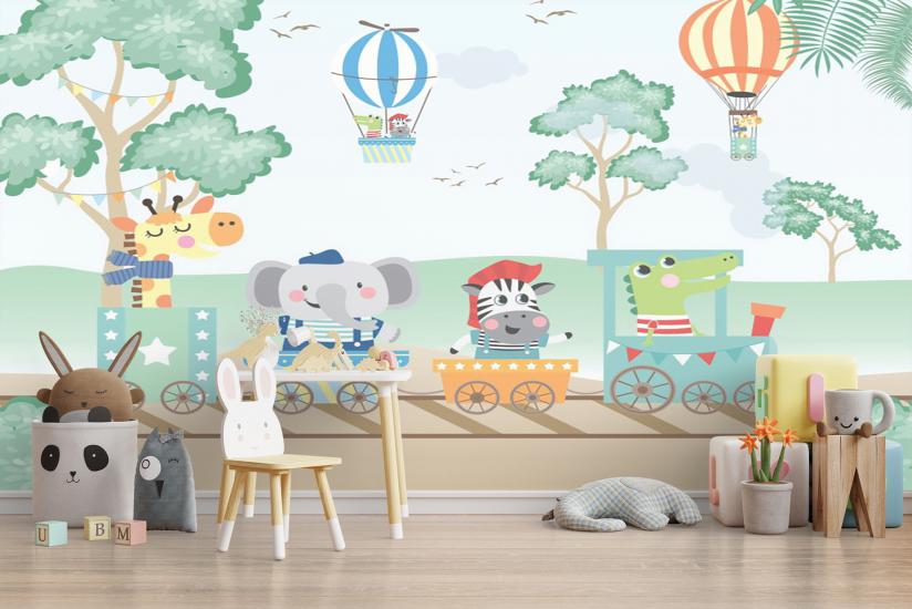 Tren ve Sevimli Hayvanlar Çocuk Odası Duvar Kağıdı |  Gece Kids Room| Çocuk Odası Dekorasyonu