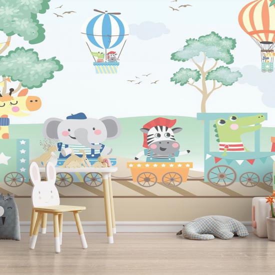 Tren ve Sevimli Hayvanlar Çocuk Odası Duvar Kağıdı |  Gece Kids Room| Çocuk Odası Dekorasyonu