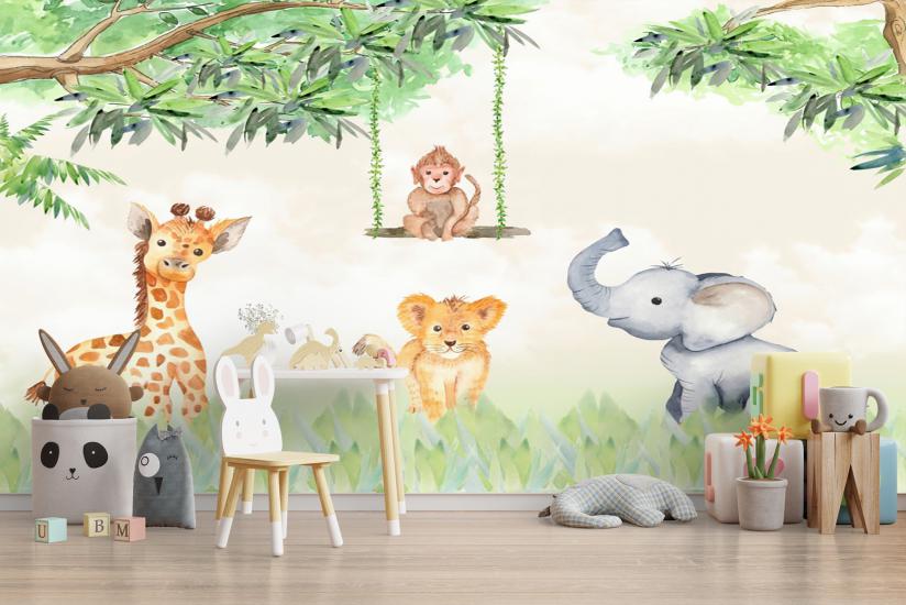 Fil ve Aslan Çocuk Odası Duvar Kağıdı |  Gece Kids Room| Çocuk Odası Dekorasyonu