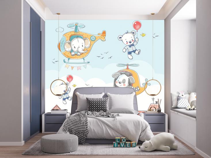 Helikopter ve Hayvanlar Çocuk Odası Duvar Kağıdı |  Gece Kids Room| Çocuk Odası Dekorasyonu