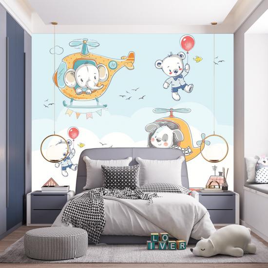 Helikopter ve Hayvanlar Çocuk Odası Duvar Kağıdı |  Gece Kids Room| Çocuk Odası Dekorasyonu